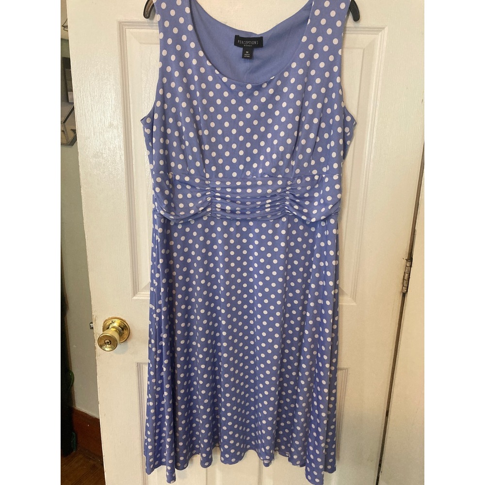 Perceptions Woman 1X Blue Polka‎ Dot Ruched Empire Waist Sleeveless A-Line Dress